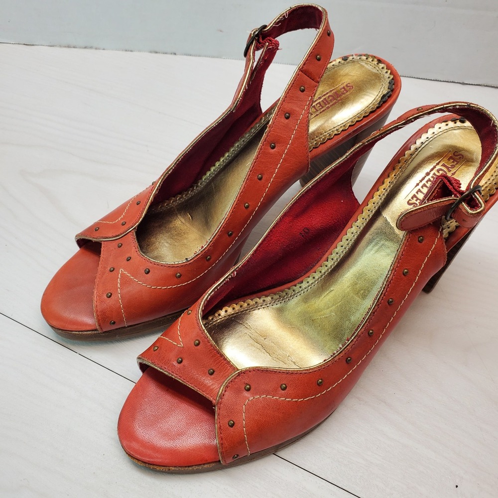 Seychelles Orange Leather Peep Toe‎ Slingback Heels Studded Gold Trim Womens 10